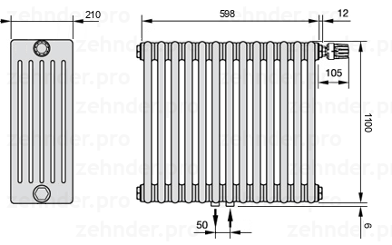 Схема (чертеж) Радиатор Zehnder Charleston 6110/13 №V008 Белый глянцевый RAL 9016